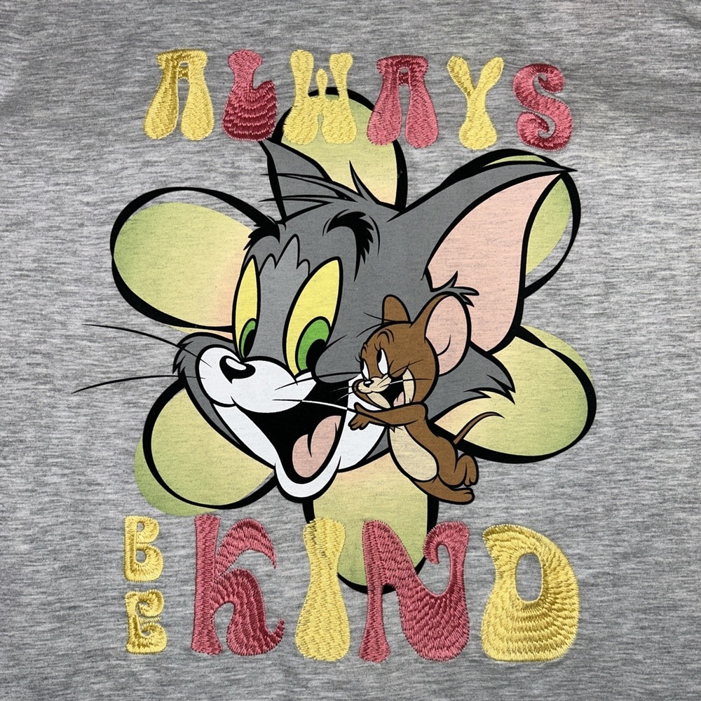 Tom and Jerry "Be Kind" Adult T-Shirt M Gray Cotton Blend Embroidered - Picture 2 of 6